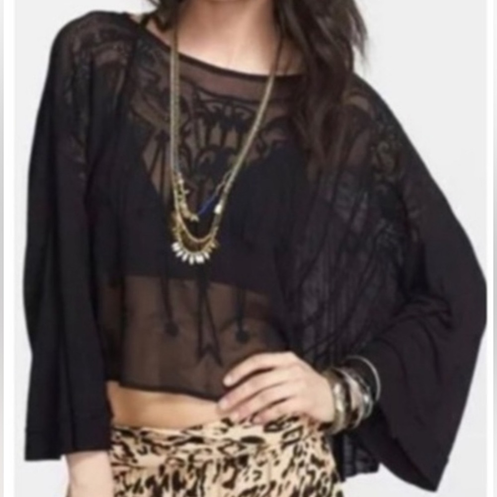 Free People Black Sheer Long Sleeve Boho Oversized Top with Embroidered Detail.